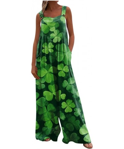 Womens St Patricks Day Jumpsuits Wide Leg Long Pants Sleeveless Adjustable Strap Rompers Shamrock Print Bib Overalls 1-dark G...