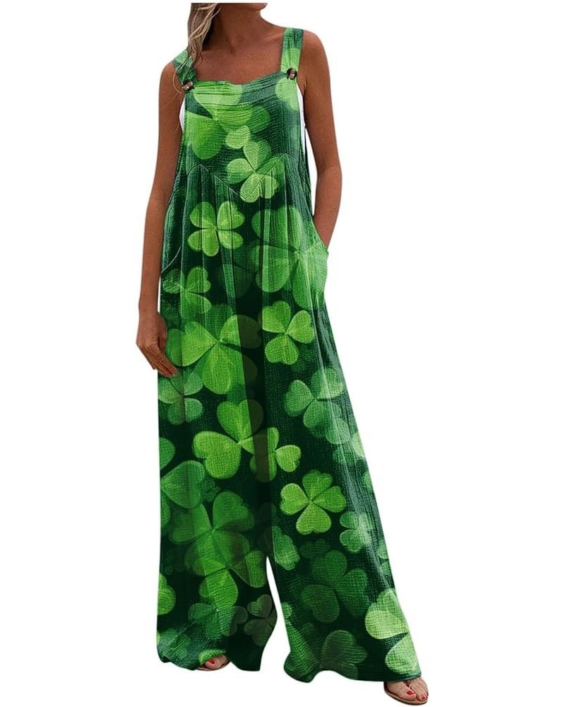 Womens St Patricks Day Jumpsuits Wide Leg Long Pants Sleeveless Adjustable Strap Rompers Shamrock Print Bib Overalls 1-dark G...