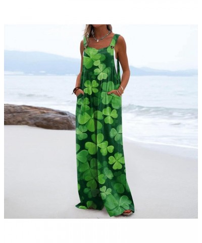 Womens St Patricks Day Jumpsuits Wide Leg Long Pants Sleeveless Adjustable Strap Rompers Shamrock Print Bib Overalls 1-dark G...