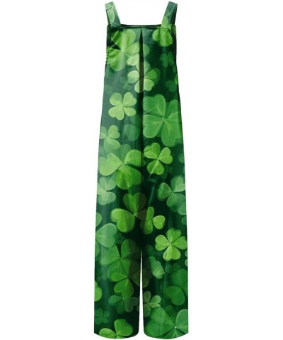 Womens St Patricks Day Jumpsuits Wide Leg Long Pants Sleeveless Adjustable Strap Rompers Shamrock Print Bib Overalls 1-dark G...