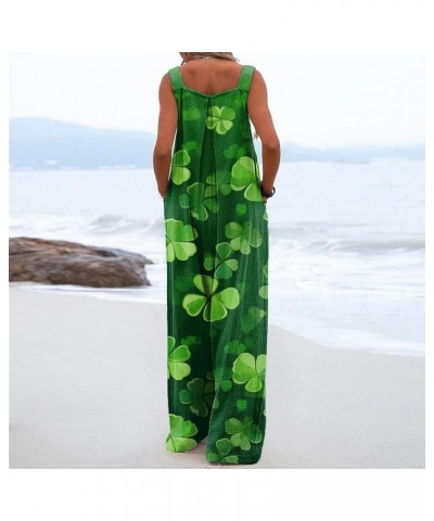 Womens St Patricks Day Jumpsuits Wide Leg Long Pants Sleeveless Adjustable Strap Rompers Shamrock Print Bib Overalls 1-dark G...