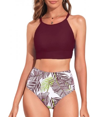 Women's Bikini Sets High Neck Tropical Leaf Print High Waisted Two Pieces Swimsuits Bathing Suits Dark Purple $14.35 Swimsuits