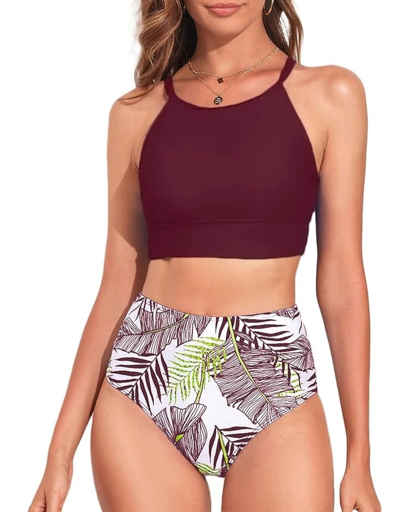 Women's Bikini Sets High Neck Tropical Leaf Print High Waisted Two Pieces Swimsuits Bathing Suits Dark Purple $14.35 Swimsuits