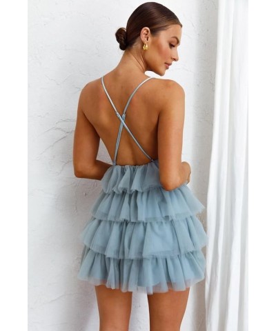 Women's Sleeveless Crisscross Backless Deep V Neck Adjustable Spaghetti Strap Tiered Frill Tulle Mini Dress Lavender $35.55 D...