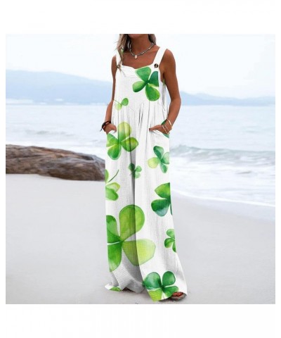 Womens St Patricks Day Jumpsuits Wide Leg Rompers Sleeveless Adjustable Strap Long Pants Shamrock Print Bib Overalls 3-mint G...