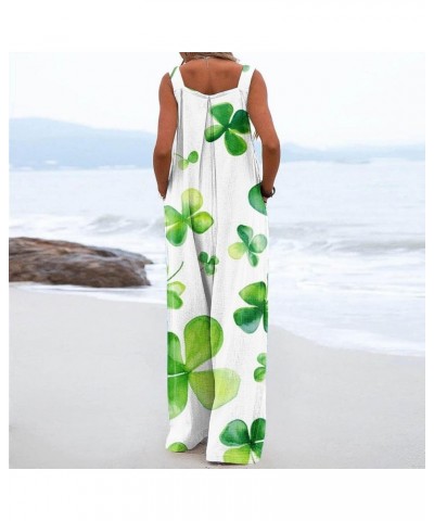 Womens St Patricks Day Jumpsuits Wide Leg Rompers Sleeveless Adjustable Strap Long Pants Shamrock Print Bib Overalls 3-mint G...