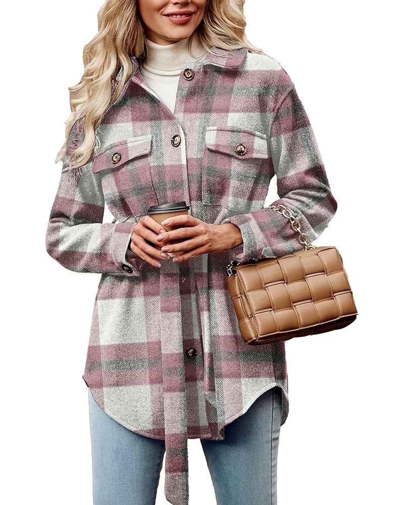 Women's Fall Fashion Winter Trench Coats Lapel Button Down Peacoat Belted Outerwear Casual Jackets Plaid Pink White $13.64 Coats