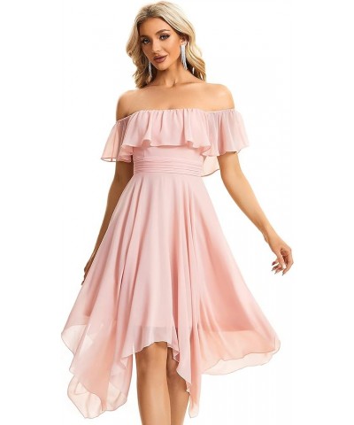 Women's Off Shoulder Ruffle Sleeve Asymmetric Hem Chiffon Midi Wedding Guest Dresses for Women 01734 Pink $32.99 Dresses