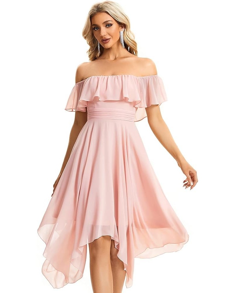 Women's Off Shoulder Ruffle Sleeve Asymmetric Hem Chiffon Midi Wedding Guest Dresses for Women 01734 Pink $32.99 Dresses