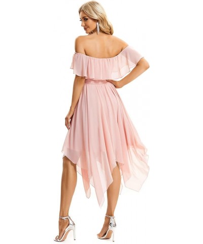 Women's Off Shoulder Ruffle Sleeve Asymmetric Hem Chiffon Midi Wedding Guest Dresses for Women 01734 Pink $32.99 Dresses