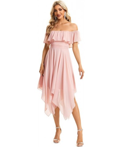 Women's Off Shoulder Ruffle Sleeve Asymmetric Hem Chiffon Midi Wedding Guest Dresses for Women 01734 Pink $32.99 Dresses