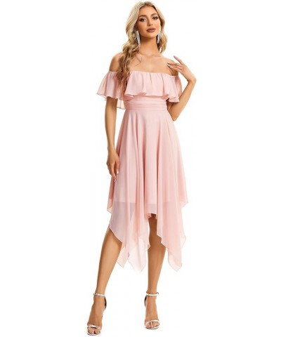 Women's Off Shoulder Ruffle Sleeve Asymmetric Hem Chiffon Midi Wedding Guest Dresses for Women 01734 Pink $32.99 Dresses