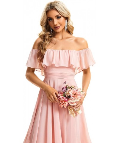 Women's Off Shoulder Ruffle Sleeve Asymmetric Hem Chiffon Midi Wedding Guest Dresses for Women 01734 Pink $32.99 Dresses