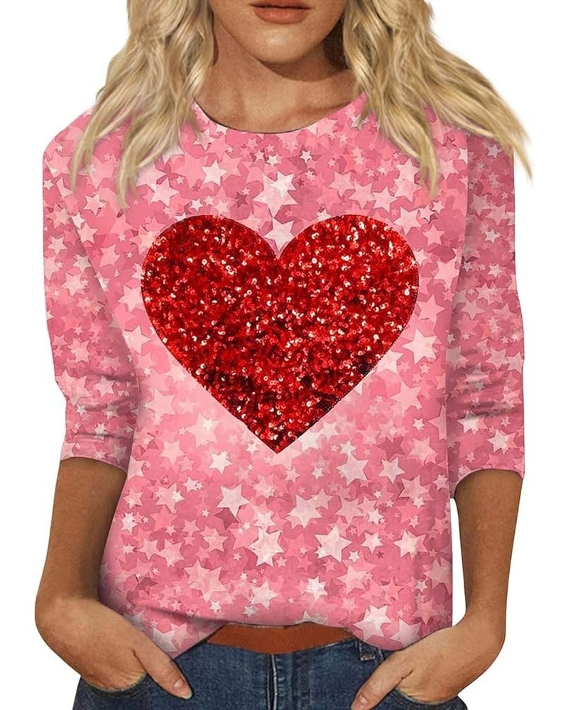 Women Valentines Day Shirts Crewneck 3/4 Length Sleeve Tee Tops Plus Size Funny Cute Heart Print Gifts Outfits 3-pink $4.47 H...