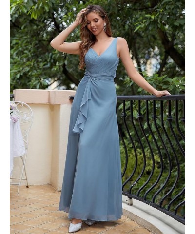 V Neck Chiffon Bridesmaid Dresses for Women Spaghetti Straps Pleated Maxi Dress Ruffle Hem A-Line Split Formal Dress Bean Gre...