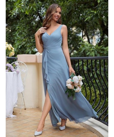 V Neck Chiffon Bridesmaid Dresses for Women Spaghetti Straps Pleated Maxi Dress Ruffle Hem A-Line Split Formal Dress Bean Gre...