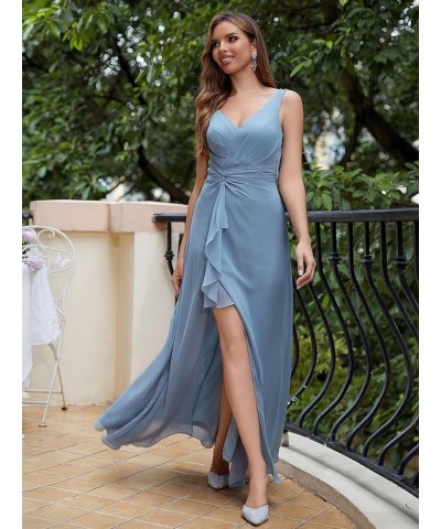 V Neck Chiffon Bridesmaid Dresses for Women Spaghetti Straps Pleated Maxi Dress Ruffle Hem A-Line Split Formal Dress Bean Gre...