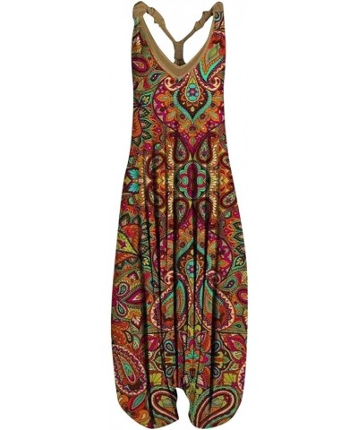 Jumpsuits for Women Summer Boho Print Casual Loose Sleeveless Racerback Spaghetti Straps Harem Pants Jumpsuit Romper E-orange...