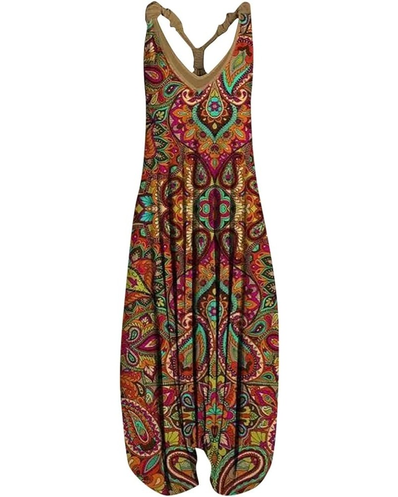 Jumpsuits for Women Summer Boho Print Casual Loose Sleeveless Racerback Spaghetti Straps Harem Pants Jumpsuit Romper E-orange...