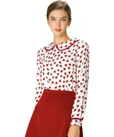 Women's Valentine's Day Date Peter Pan Collar Blouse Long Sleeve Sweet Cute Heart Dots Printed Top White $13.24 Blouses