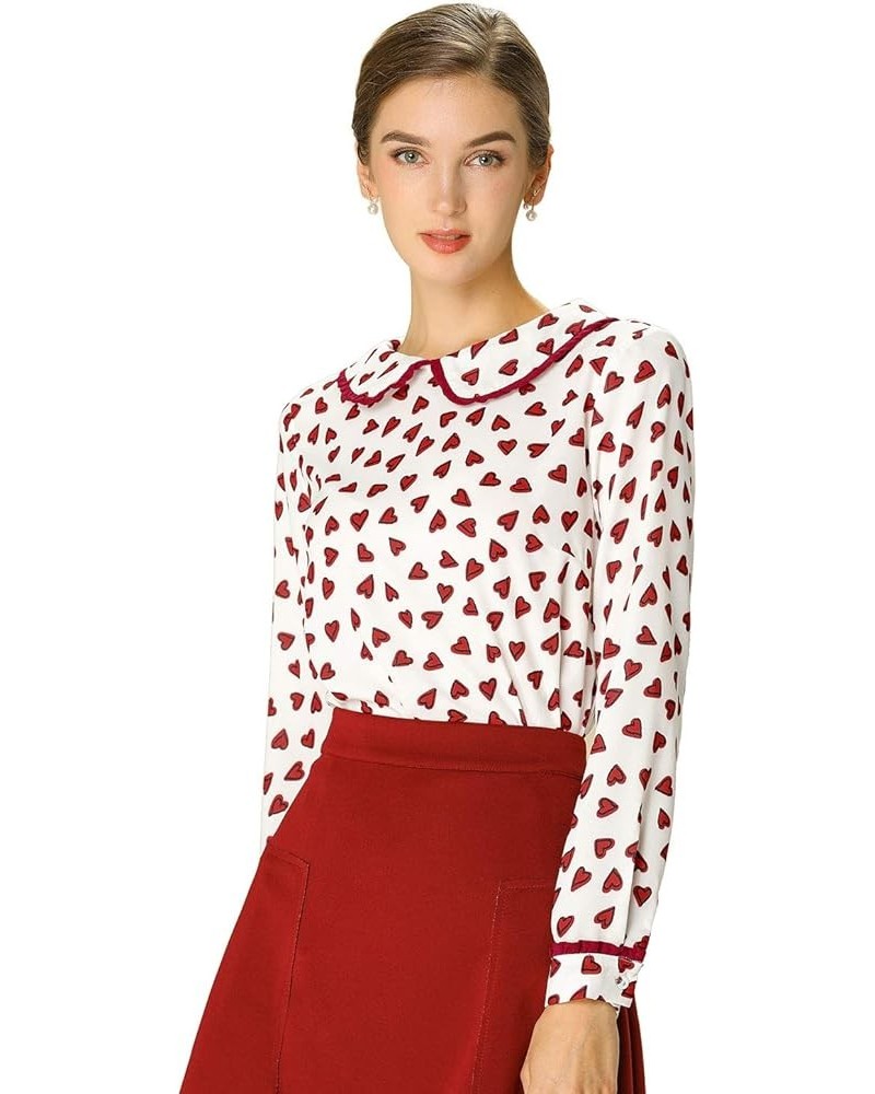 Women's Valentine's Day Date Peter Pan Collar Blouse Long Sleeve Sweet Cute Heart Dots Printed Top White $13.24 Blouses