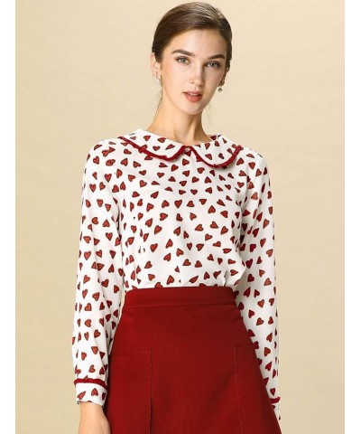 Women's Valentine's Day Date Peter Pan Collar Blouse Long Sleeve Sweet Cute Heart Dots Printed Top White $13.24 Blouses