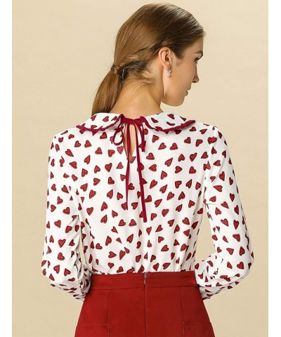 Women's Valentine's Day Date Peter Pan Collar Blouse Long Sleeve Sweet Cute Heart Dots Printed Top White $13.24 Blouses