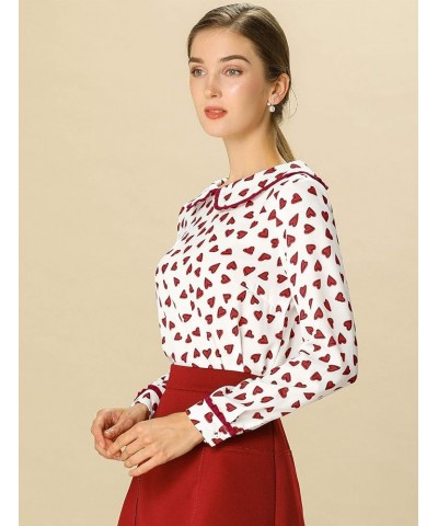 Women's Valentine's Day Date Peter Pan Collar Blouse Long Sleeve Sweet Cute Heart Dots Printed Top White $13.24 Blouses