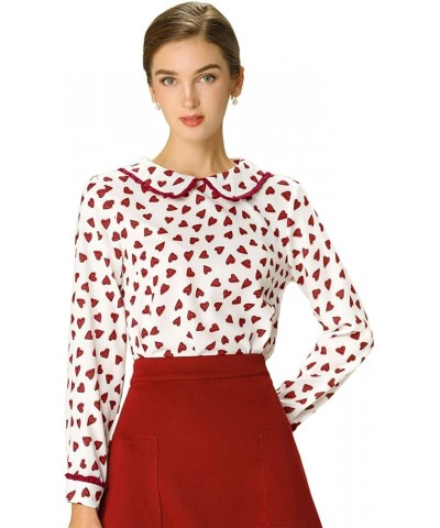 Women's Valentine's Day Date Peter Pan Collar Blouse Long Sleeve Sweet Cute Heart Dots Printed Top White $13.24 Blouses