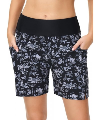 Women's 5" Quick Dry High Waisted Swim Board Shorts UPF 50+ Swimsuit Bottom Trunks with Liner Standard Black Flowers $19.97 S...