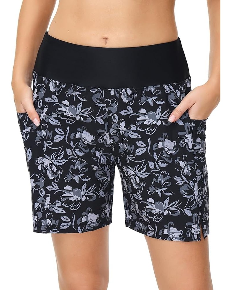 Women's 5" Quick Dry High Waisted Swim Board Shorts UPF 50+ Swimsuit Bottom Trunks with Liner Standard Black Flowers $19.97 S...