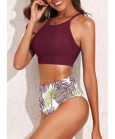 Women's Bikini Sets High Neck Tropical Leaf Print High Waisted Two Pieces Swimsuits Bathing Suits Dark Purple $14.35 Swimsuits