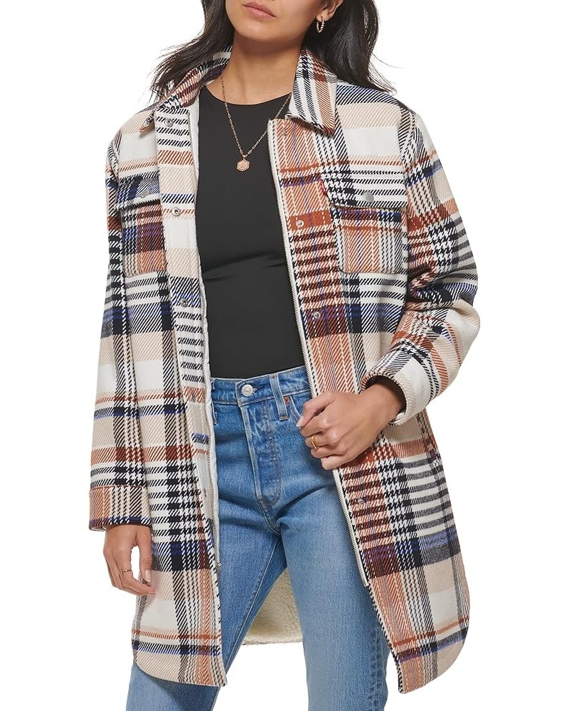 Women's Wool Blend Sherpa Lined Long Shacket Rust Multi Plaid $55.10 Coats