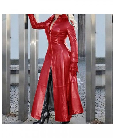 Womens Faux Pu Leather Trench Jacket Fashion Sexy Zip Maxi Moto Biker Jackets Overcoat Long Sleeve Outerwear Tops 02_red $23....