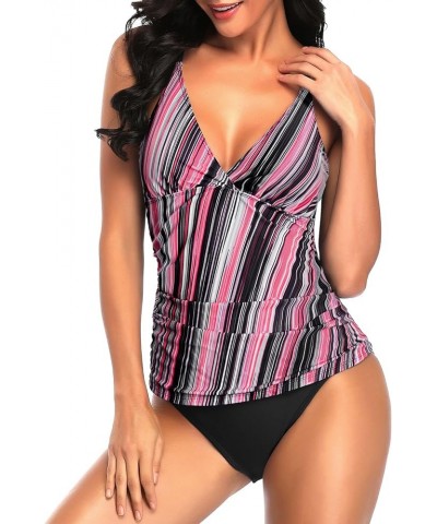 Tummy Control Two Piece Tankini Set Swimsuits for Women V Neck Tankini Top Bathing Suits with Swim Bottom Pink Diagonal Strip...