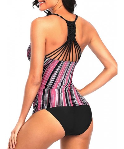 Tummy Control Two Piece Tankini Set Swimsuits for Women V Neck Tankini Top Bathing Suits with Swim Bottom Pink Diagonal Strip...