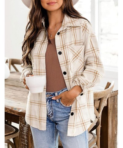 Womens Casual Plaid Shirts Color Block Button Down Long Sleeve Wool Blend Shirt Jacket Shackets Coats Khaki $16.80 Blouses