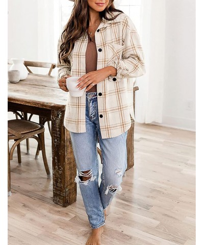 Womens Casual Plaid Shirts Color Block Button Down Long Sleeve Wool Blend Shirt Jacket Shackets Coats Khaki $16.80 Blouses