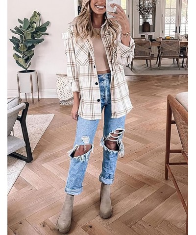 Womens Casual Plaid Shirts Color Block Button Down Long Sleeve Wool Blend Shirt Jacket Shackets Coats Khaki $16.80 Blouses