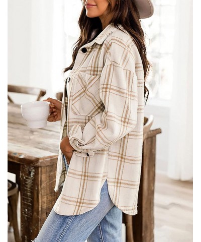 Womens Casual Plaid Shirts Color Block Button Down Long Sleeve Wool Blend Shirt Jacket Shackets Coats Khaki $16.80 Blouses