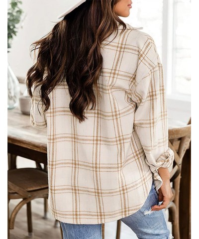 Womens Casual Plaid Shirts Color Block Button Down Long Sleeve Wool Blend Shirt Jacket Shackets Coats Khaki $16.80 Blouses