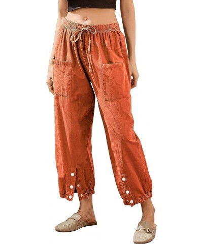 Women's Cropped Drawstring Waist Wide Leg Loose Cotton Linen Capri Pants for Women 01-orange $12.74 Pants