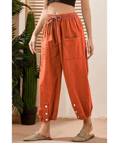 Women's Cropped Drawstring Waist Wide Leg Loose Cotton Linen Capri Pants for Women 01-orange $12.74 Pants