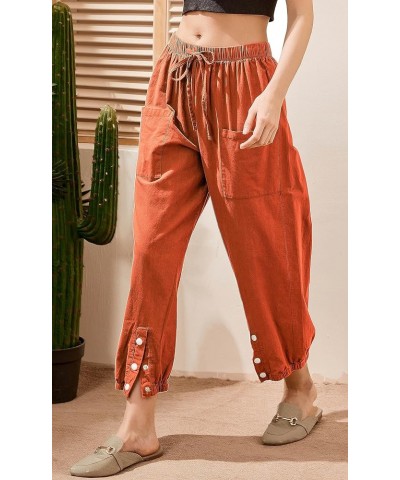 Women's Cropped Drawstring Waist Wide Leg Loose Cotton Linen Capri Pants for Women 01-orange $12.74 Pants