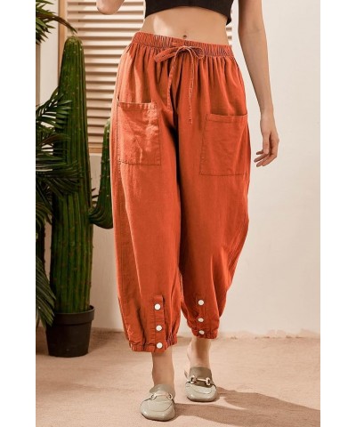 Women's Cropped Drawstring Waist Wide Leg Loose Cotton Linen Capri Pants for Women 01-orange $12.74 Pants