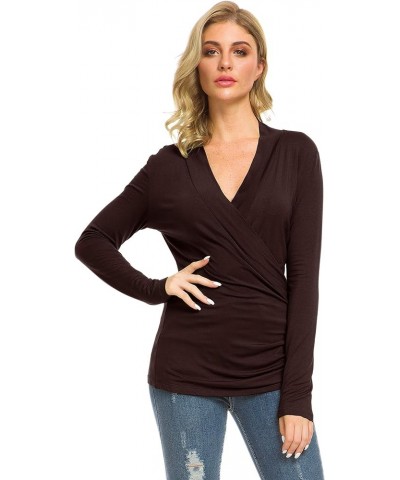 Womens Slim Fitted Deep V Neck Cross Wrap Top Long Sleeve T-Shirts Brown $13.31 T-Shirts