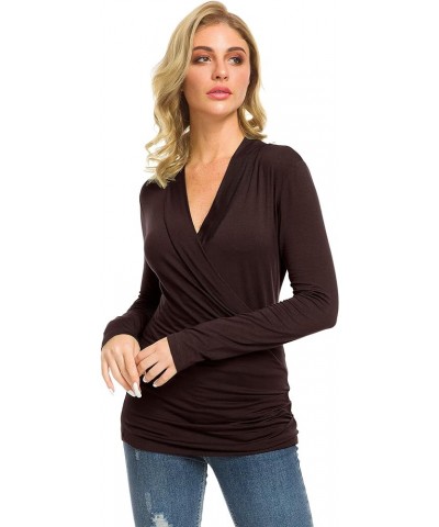 Womens Slim Fitted Deep V Neck Cross Wrap Top Long Sleeve T-Shirts Brown $13.31 T-Shirts