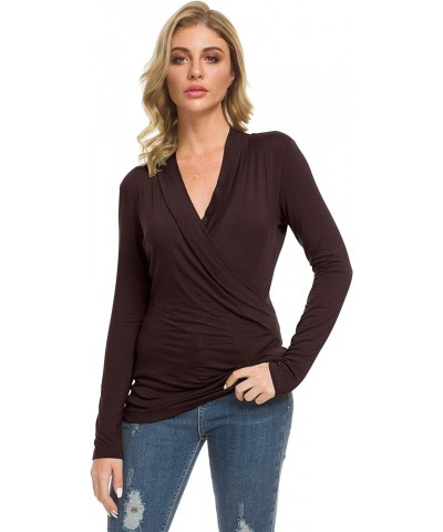 Womens Slim Fitted Deep V Neck Cross Wrap Top Long Sleeve T-Shirts Brown $13.31 T-Shirts