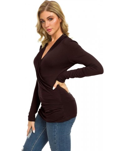 Womens Slim Fitted Deep V Neck Cross Wrap Top Long Sleeve T-Shirts Brown $13.31 T-Shirts