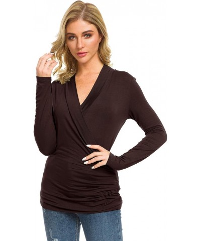 Womens Slim Fitted Deep V Neck Cross Wrap Top Long Sleeve T-Shirts Brown $13.31 T-Shirts